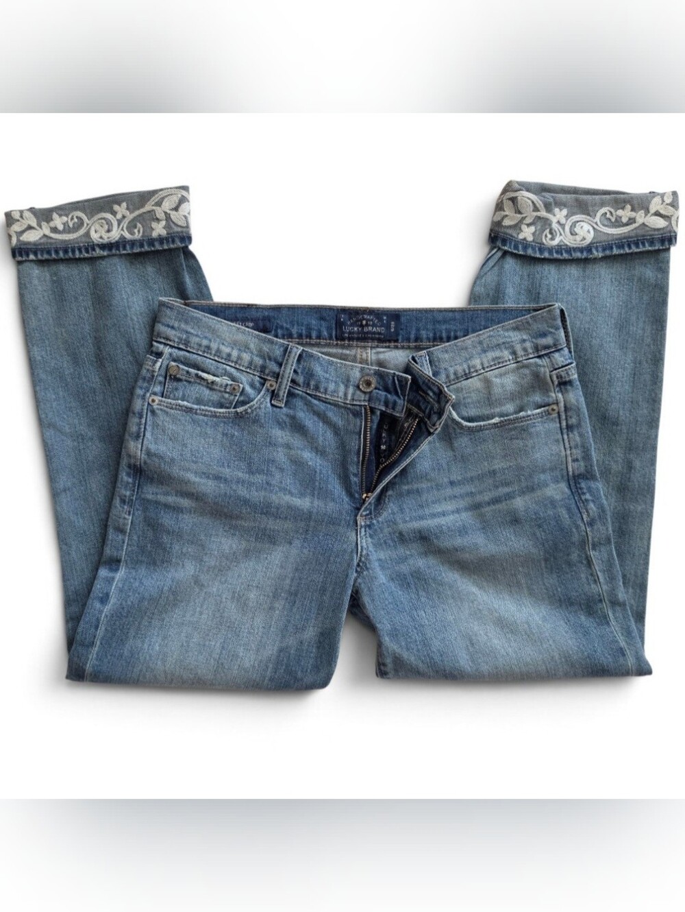 Lucky Brand Womens Sweet Crop Embroidered Jeans Cuffed Floral Denim Size 6